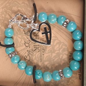 Turquoise Color Magnesite Beaded Cross Swarovski Crystal Bracelet Big Sky Silver